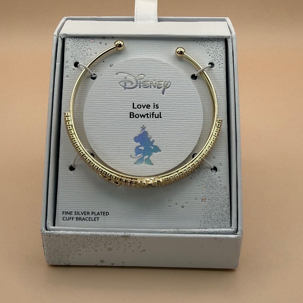 Disney Minnie Mouse Heart Bow Gold Fine Silver Plated‎ Cuff Bracelet Set NIB